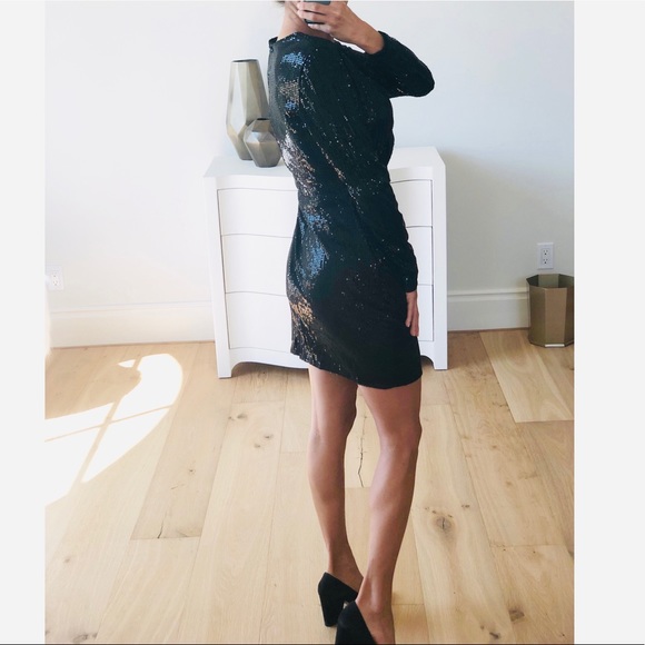 VEGAS Black Long Sleeve Sequin Surplice Dress - Picture 5 of 10